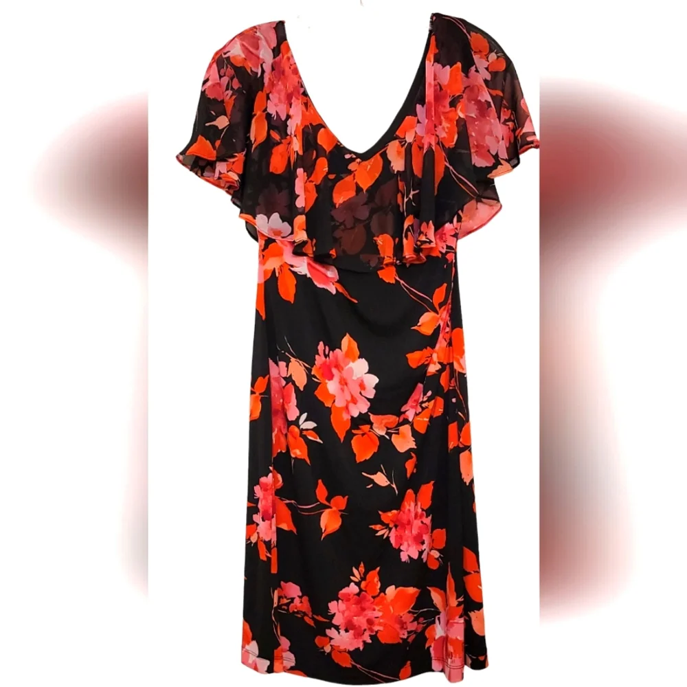 Connected Apparel Floral  Sheer Overlay Ruched A-line Midi Dress